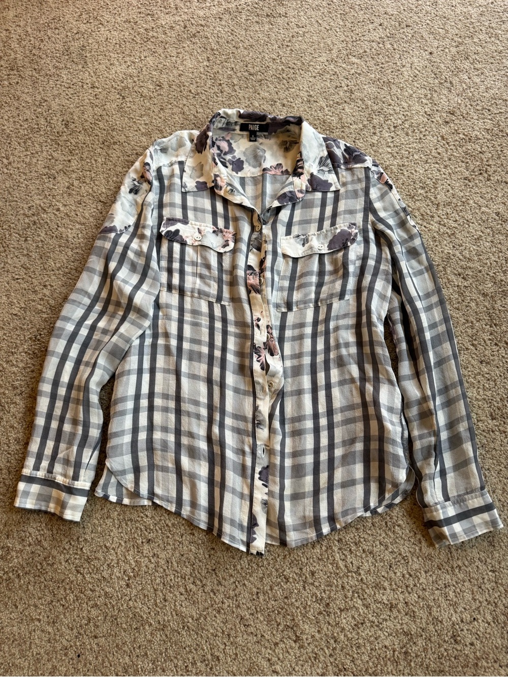 Paige Denim Plaid Button-Up Shirt with Floral Trim Size Small